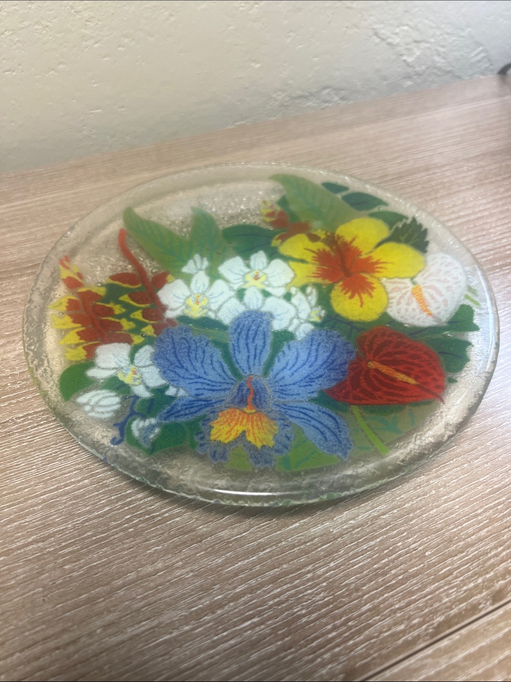 Peggy Karr 11" Fused Glass Plate Signed Tropical Floral Red Blue Yellow